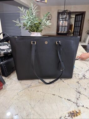 Tory Burch Black Leather Saffiano Tote with Gold Hardware